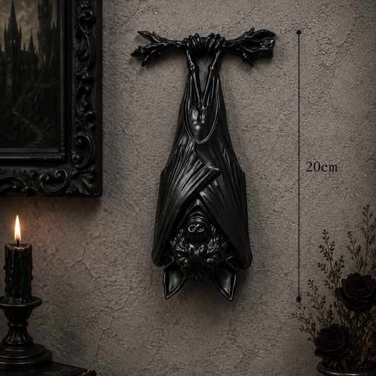 Gloss black gothic bat wall decor featuring detailed winged bat artwork, perfect for alternative interiors, spooky displays, and gothic gallery walls.