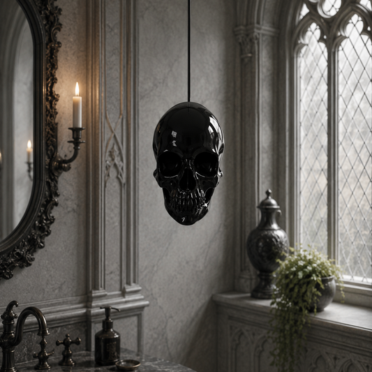 Gloss black human skull light pull featuring realistic skull detailing, perfect for gothic bathrooms, alternative interiors, and dark home decor.