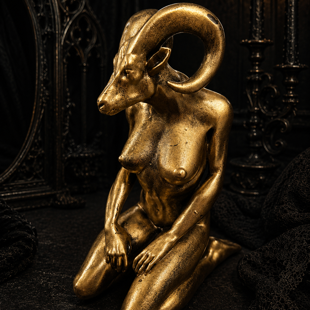 Hand painted gold Baphomet Lady resin statue displayed as gothic home décor with varnished finish.