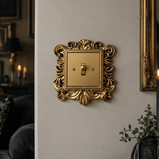 Gold gothic light switch surround featuring elegant baroque filigree details, adding a decorative touch to alternative home interiors.