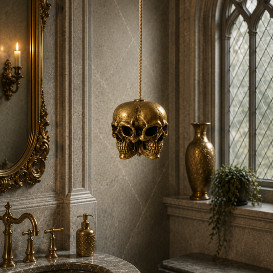 Gold conjoined skull light pull with an ornate double skull design, ideal for gothic, dark academia, and alternative interiors.