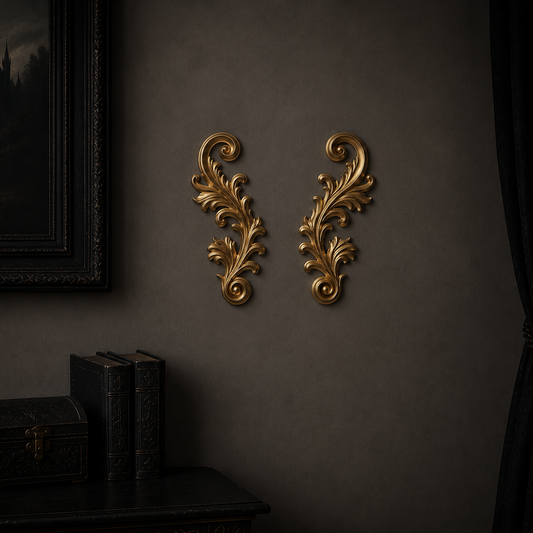Gold filigree wall decor featuring an ornate baroque scroll design, ideal for gothic interiors, gallery walls, and decorative displays.