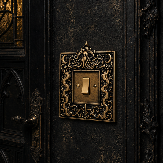 Hand-painted gold ghost resin light switch surround with an antique metallic finish, designed to fit a standard UK single light switch and add a whimsical gothic touch to home décor.