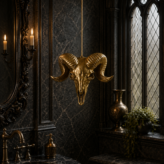Gold ram skull light pull featuring detailed curved horns and a gothic skull design, perfect for alternative bathrooms and dark home decor.