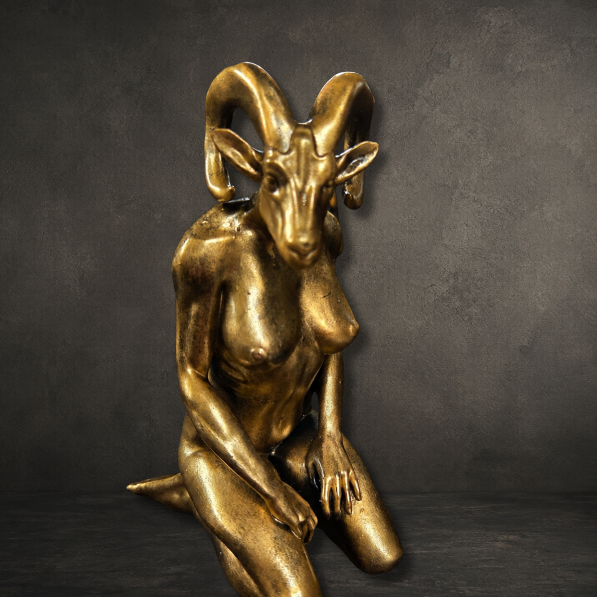 Detailed resin Baphomet Lady statue with a hand painted gold finish for gothic, dark academia and curiosity cabinet displays.
