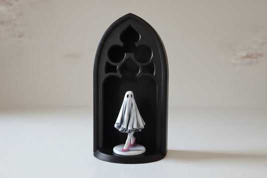 Side angle of gothic cathedral arch stand showing depth and shadow detail for ghost display