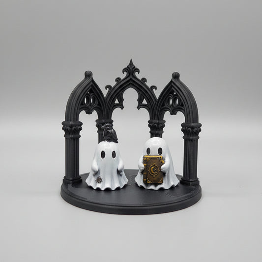 Black gothic cathedral arch display stand for ghost figures and spooky collectibles