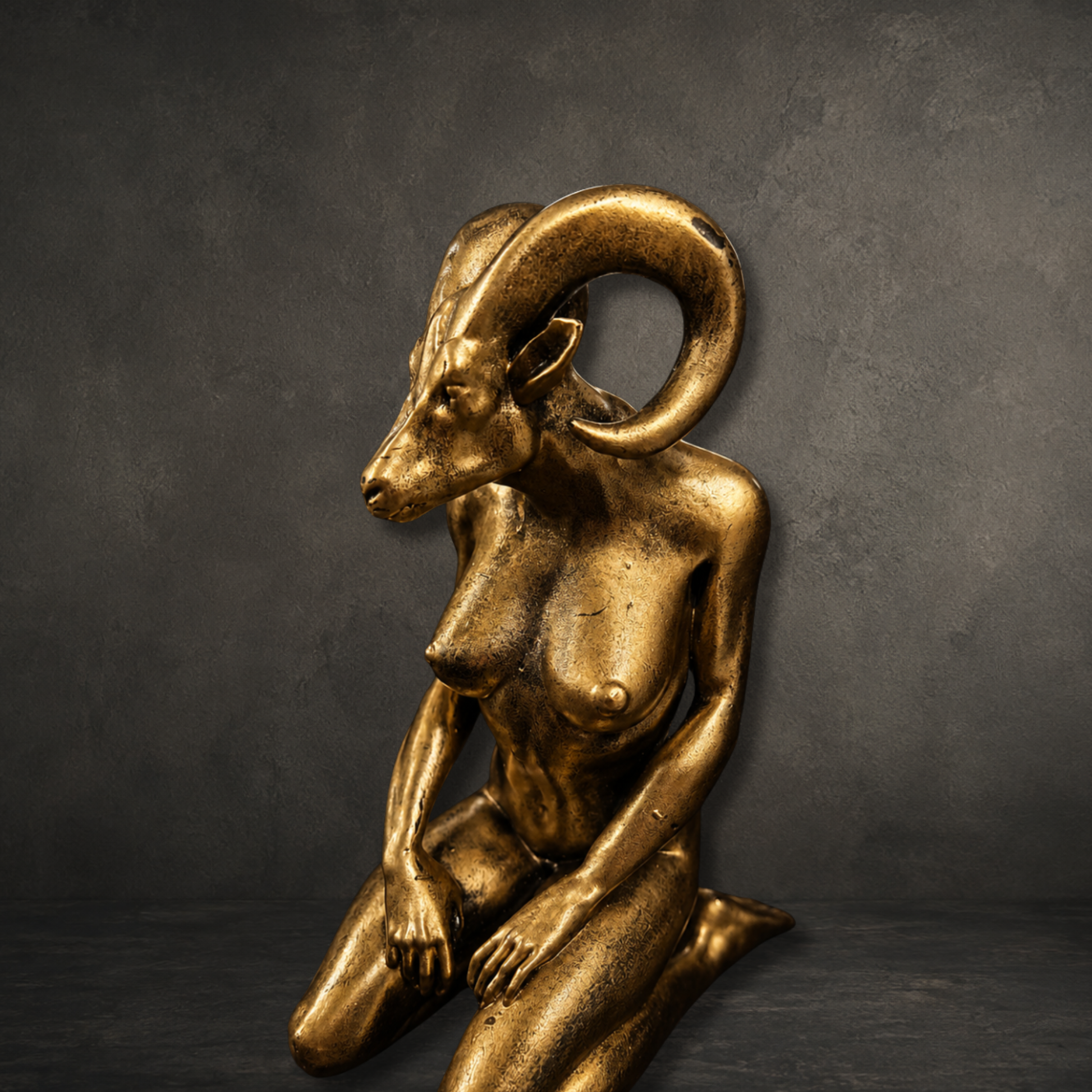 Elegant hand painted gold Baphomet Lady resin collectible featuring intricate occult-inspired detailing for alternative home décor.