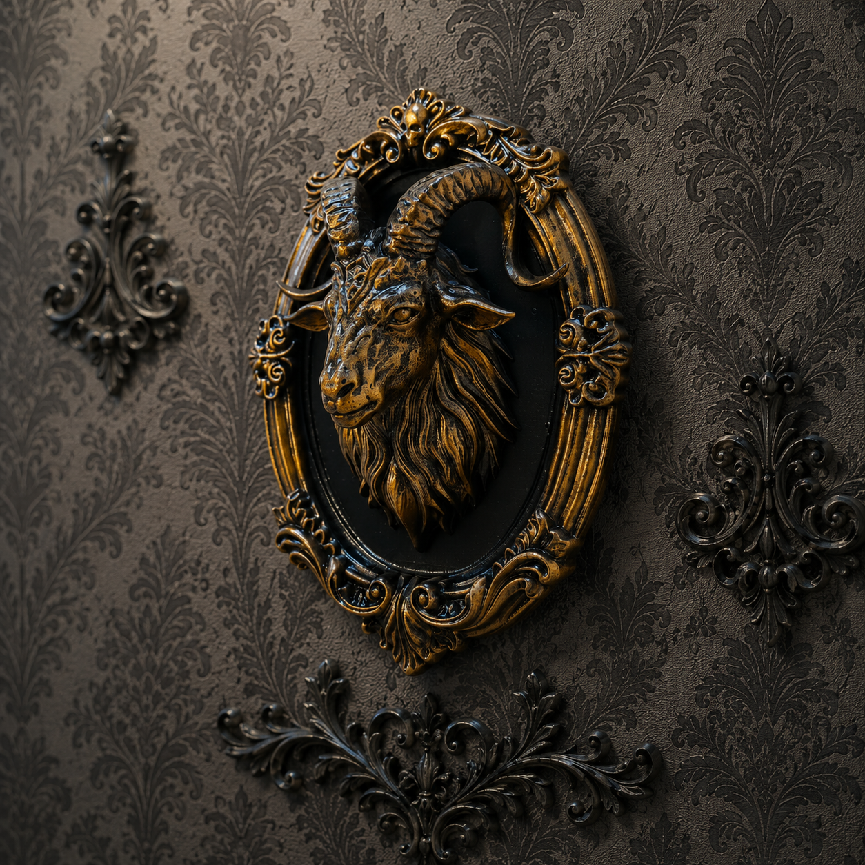 Decorative bronze Baphomet wall plaque with intricate gothic detailing, perfect for alternative decor, occult collections, and statement gallery walls.
