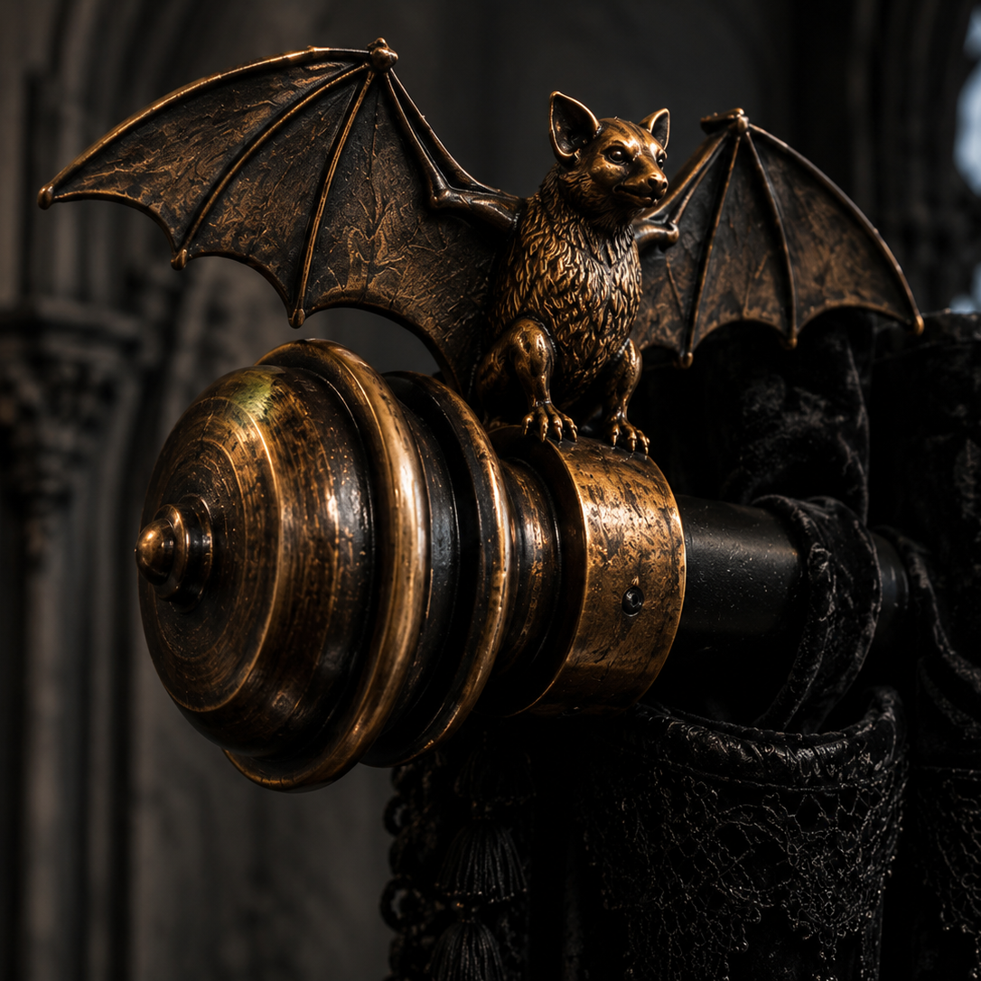 Exclusive Gothic Bat curtain finials by Darkmoon Designs, shown as a mirrored resin pair in antique bronze finish for 28mm curtain poles.