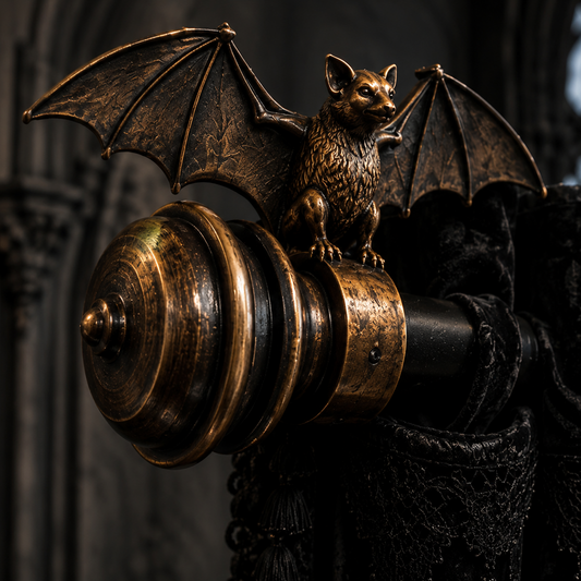 Exclusive Gothic Bat curtain finials by Darkmoon Designs, shown as a mirrored resin pair in antique bronze finish for 28mm curtain poles.