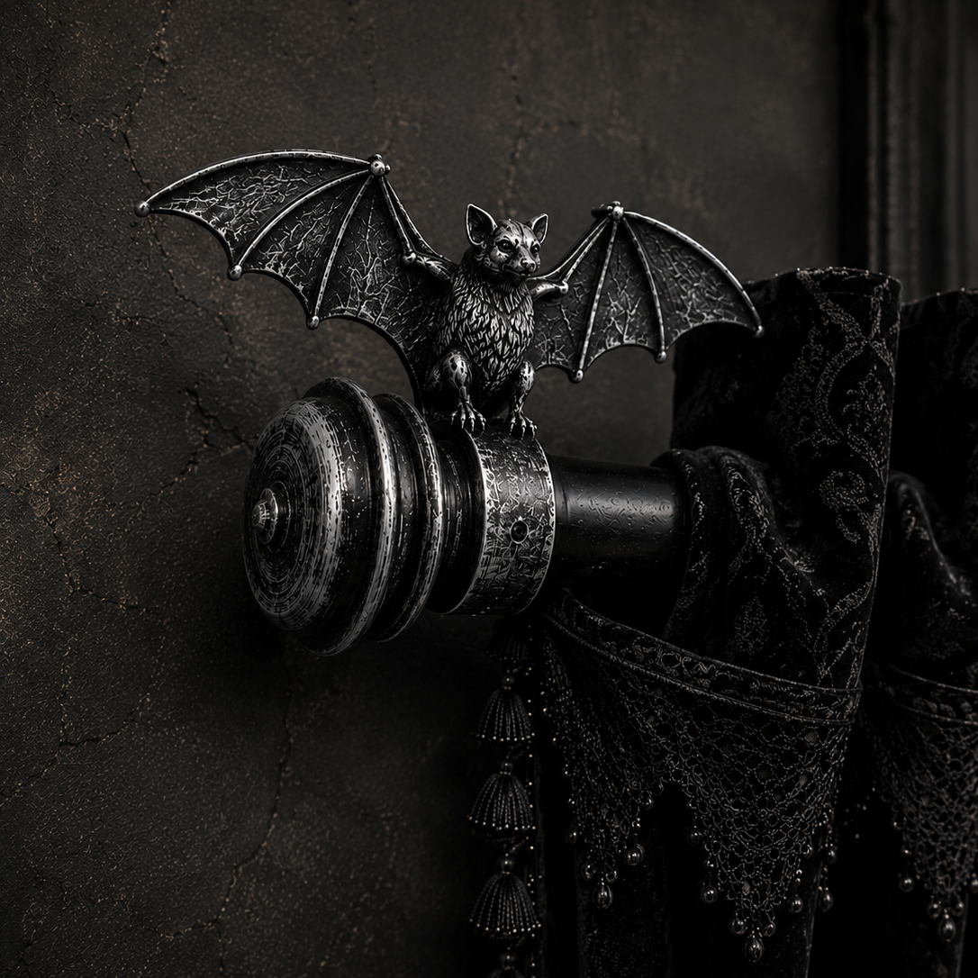 Silver gothic bat curtain finials made from resin, designed to fit standard 28mm curtain poles and add dramatic gothic style to any room.