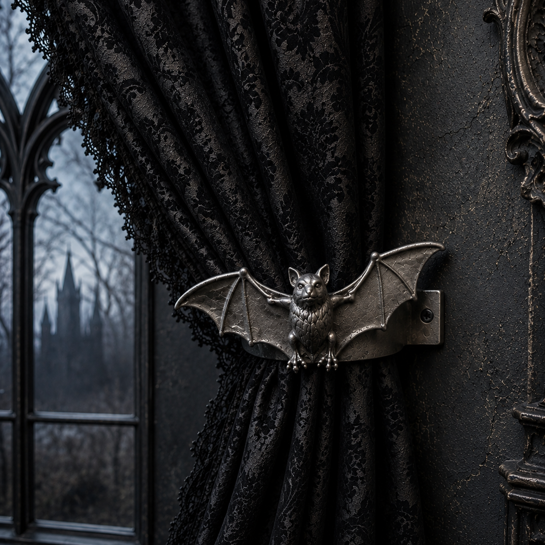 Silver resin gothic bat curtain tie back holders available in black, bronze and silver finishes.