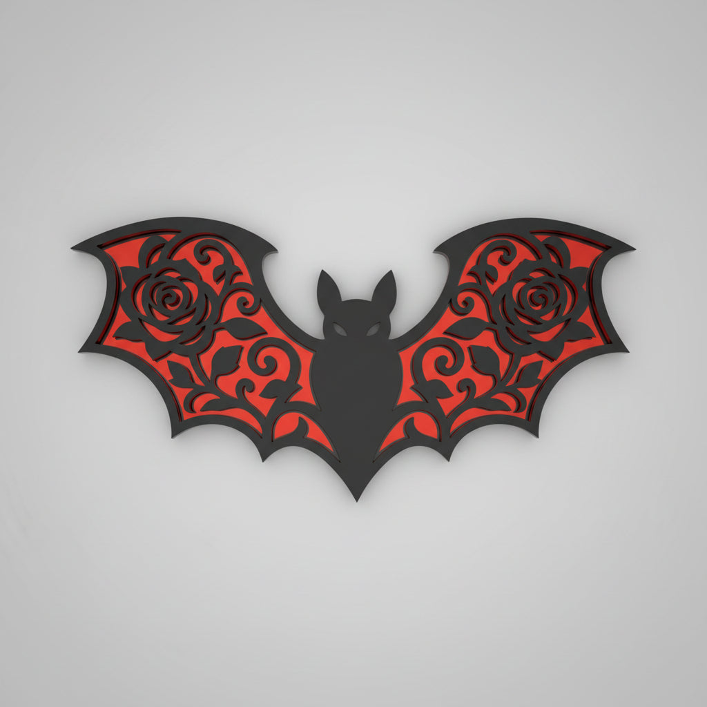 Black and red acrylic gothic bat mirror wall decor with rose detailing