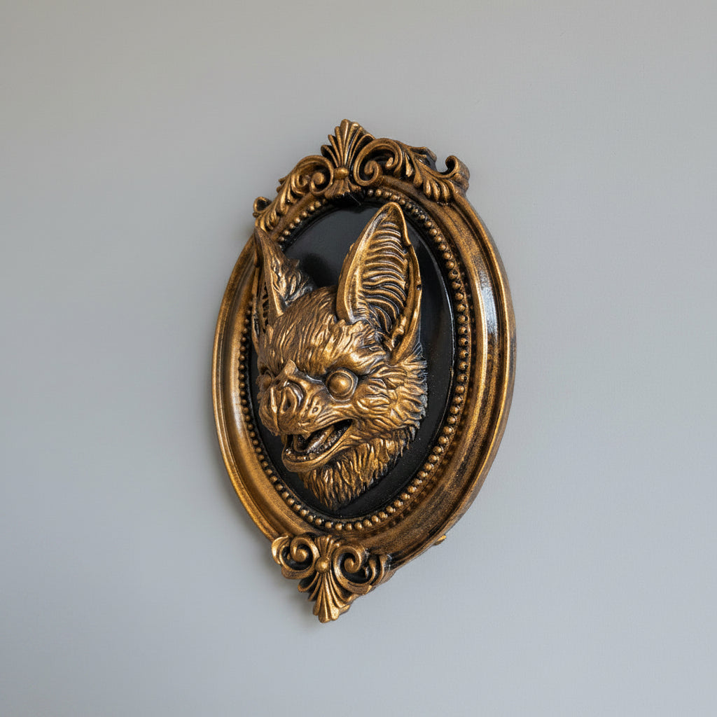 Side angle view of gothic bat wall plaque in ornate antique style frame
