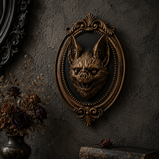 Bronze resin bat wall frame featuring detailed gothic bat artwork within an ornate oval frame, perfect for alternative home decor and spooky gallery walls.