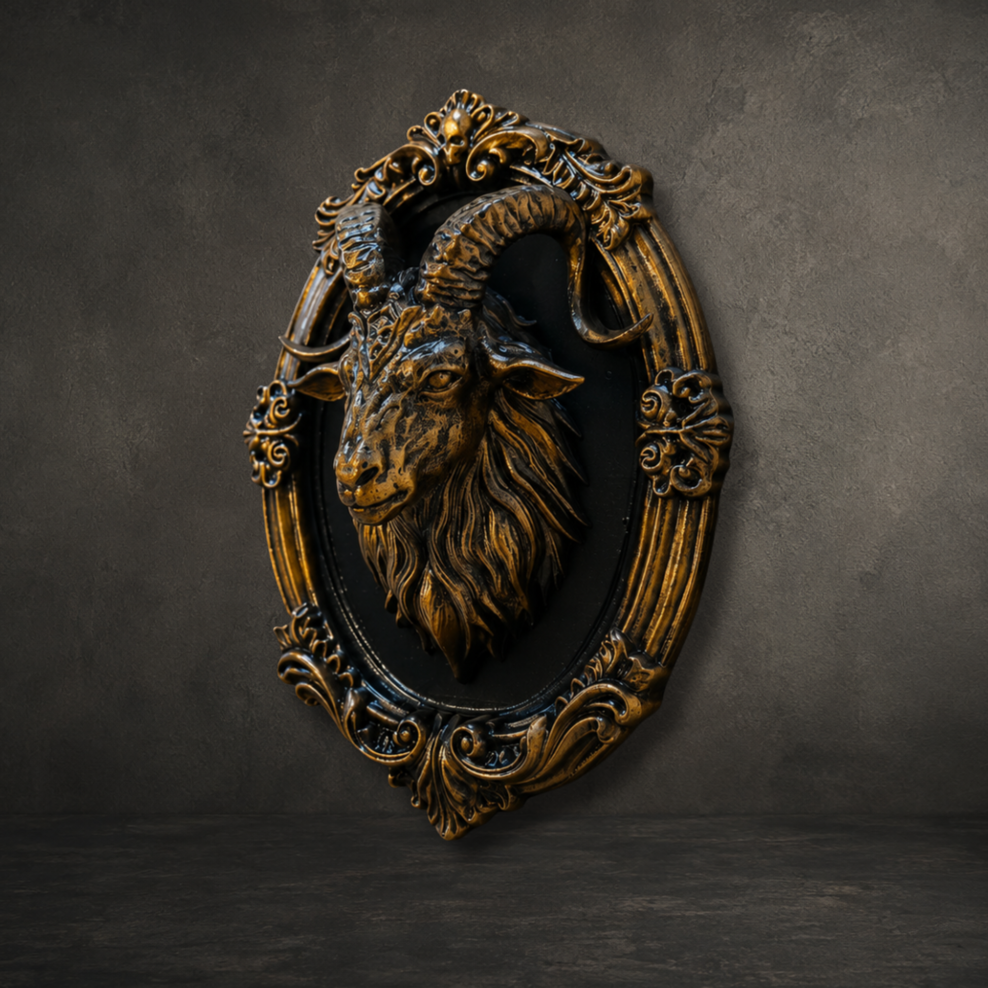 Bronze-effect hand painted Baphomet wall plaque in an ornate gothic frame, ready to hang with a keyhole fixing and felt-backed finish.