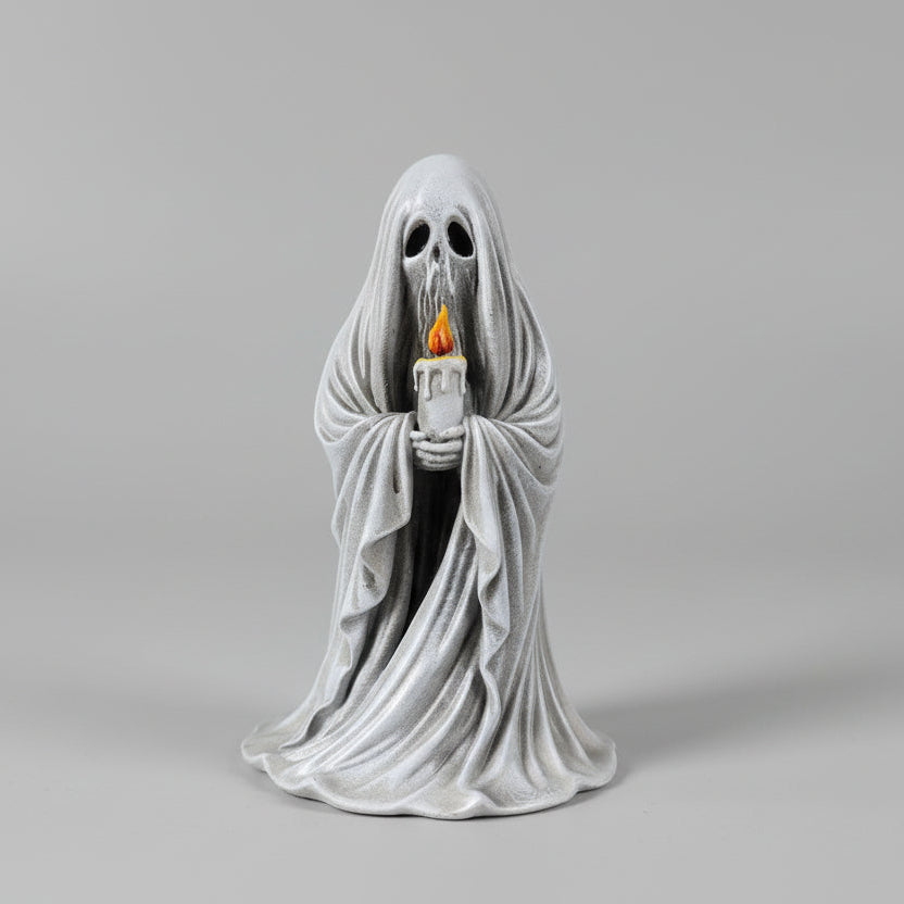 gothic ghost figurine holding a candle with detailed flowing drapery and hollow eyes