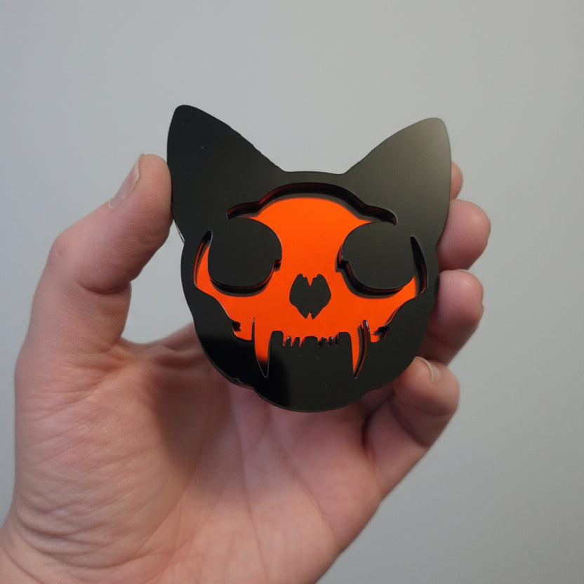 Small gothic cat skull compact mirror designed for handbags, pockets and everyday use.