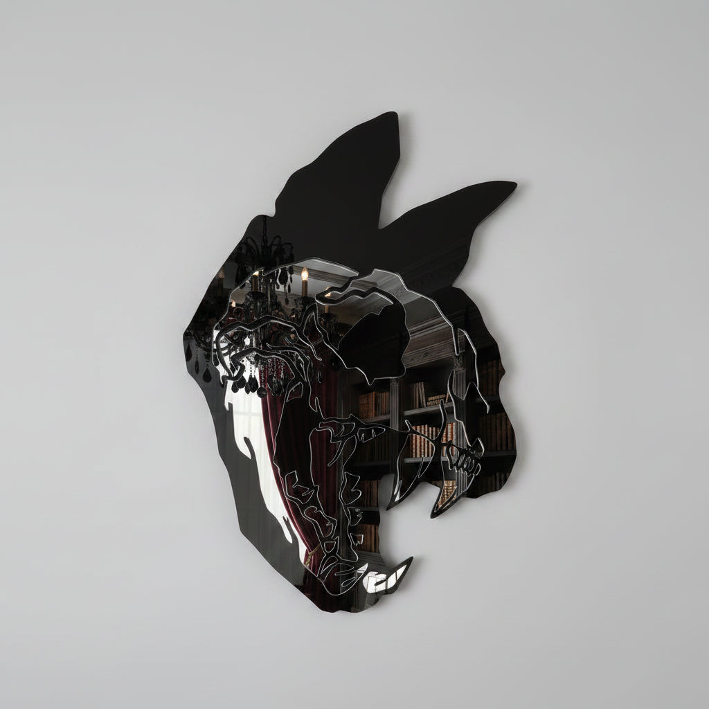 Gothic cat skull wall art mirror made from layered acrylic with reflective silver mirror finish.