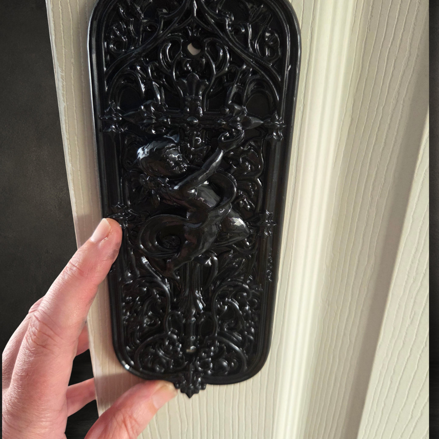 Decorative Gothic Cathedral Cherub door finger plate featuring intricate Victorian-inspired architectural detailing.