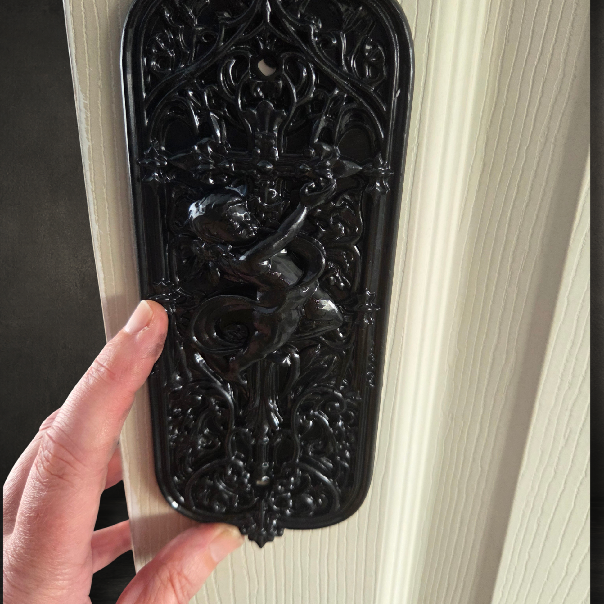 Decorative Gothic Cathedral Cherub door finger plate featuring intricate Victorian-inspired architectural detailing.