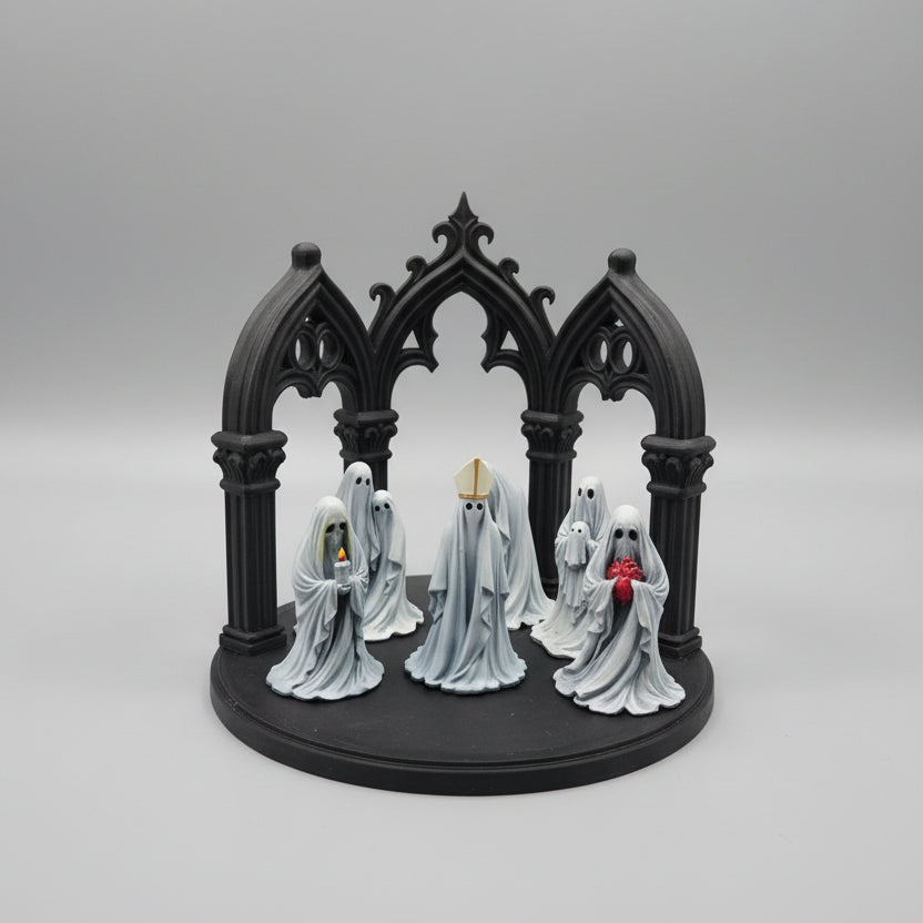 3D printed gothic shelf display stand with cathedral arches for Halloween and gothic décor