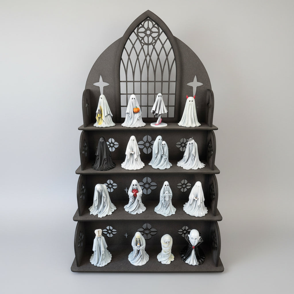Black gothic cathedral style 4 tier MDF display stand for ghost figures and gothic collectibles