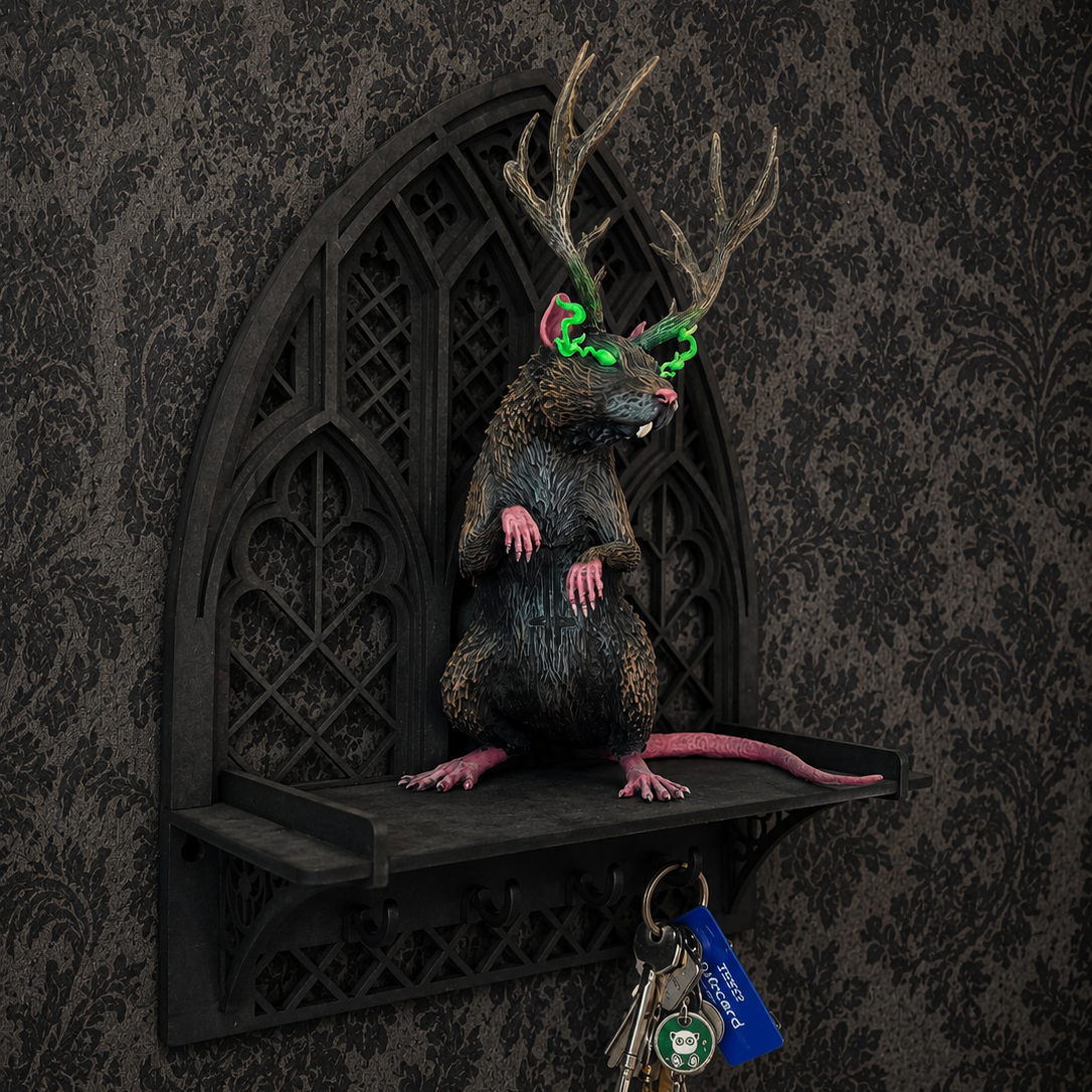 Wall-mounted black wooden key hanger inspired by gothic cathedral architecture, featuring hooks and a practical display shelf.