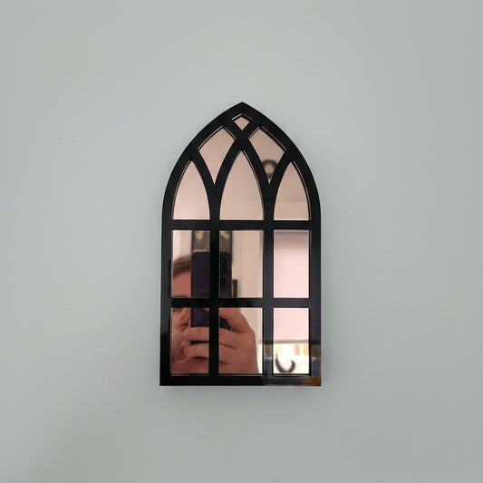 Gothic cathedral window mirror in black acrylic with rose gold mirrored panels