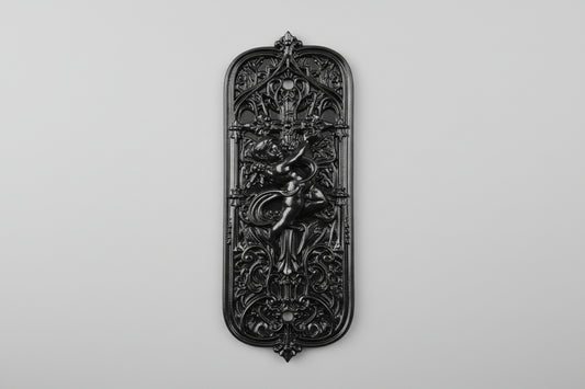 Ornate gothic resin cast door push plate with cherub centre and baroque detailing