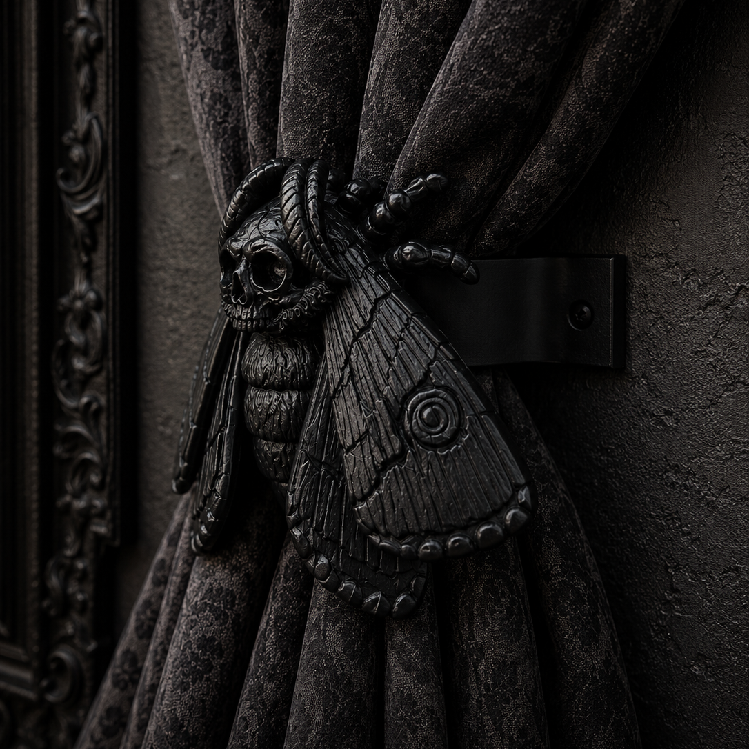 Pair of gothic Death's Head Moth curtain tie backs holding black curtains open on a dark interior wall.