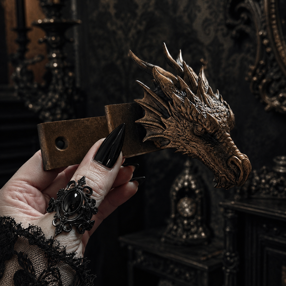 Bronze dragon curtain pole finial held in a gothic female hand with black lace sleeve against a dark Victorian gothic interior.