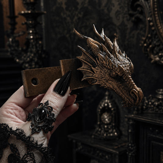 Bronze dragon curtain pole finial held in a gothic female hand with black lace sleeve against a dark Victorian gothic interior.