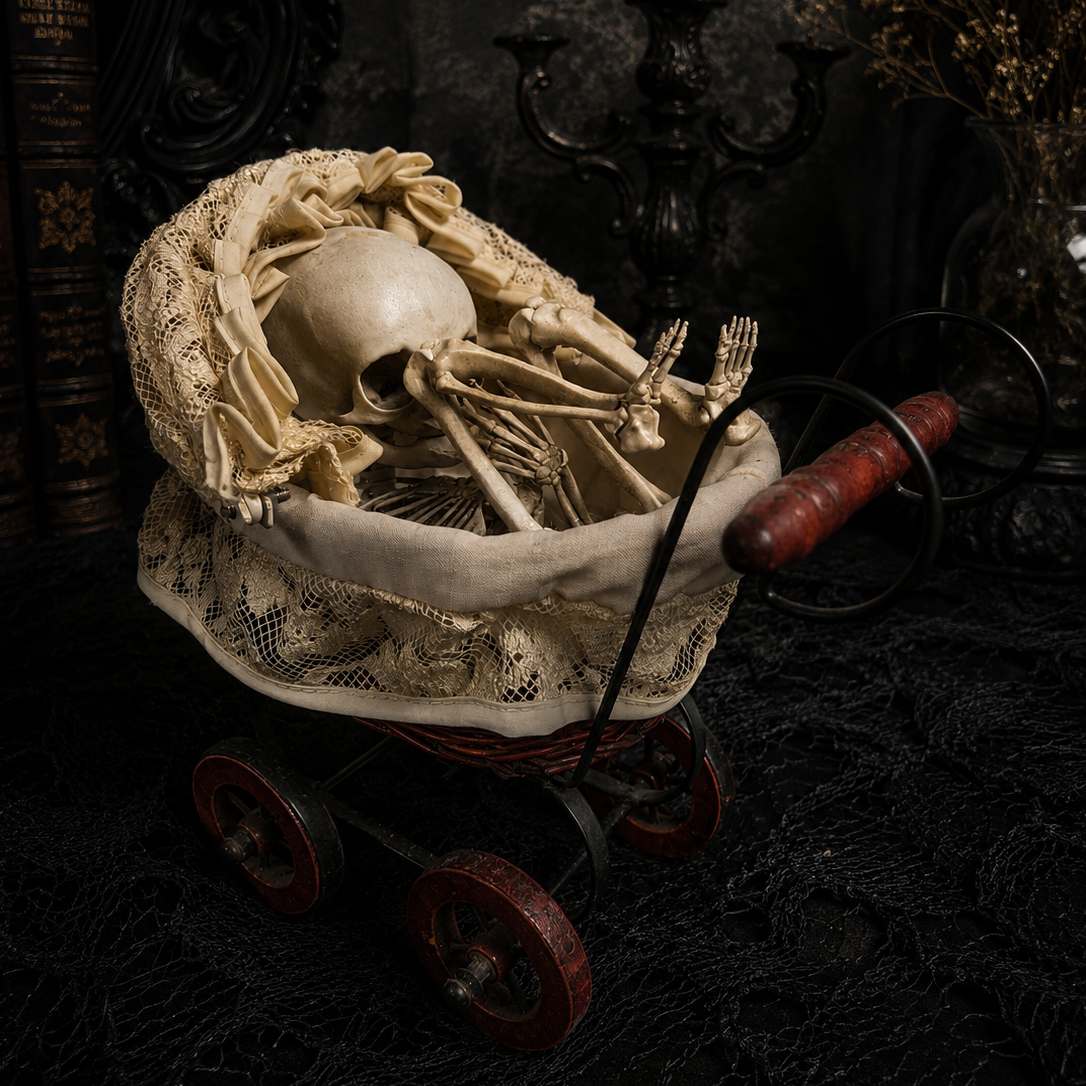 Rare gothic faux anatomical fetus skeleton for curiosity cabinet décor.