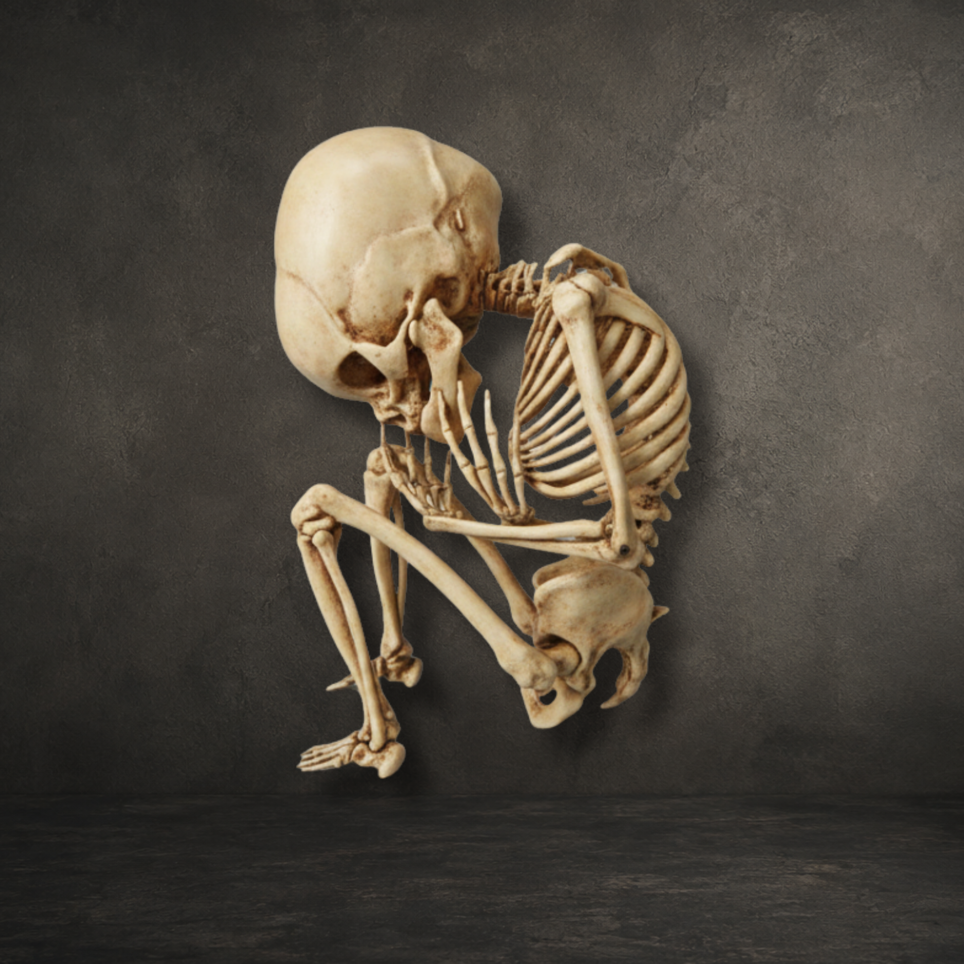 Detailed gothic fetus skeleton replica displayed as a cabinet of curiosities ornament, resin printed and hand painted.