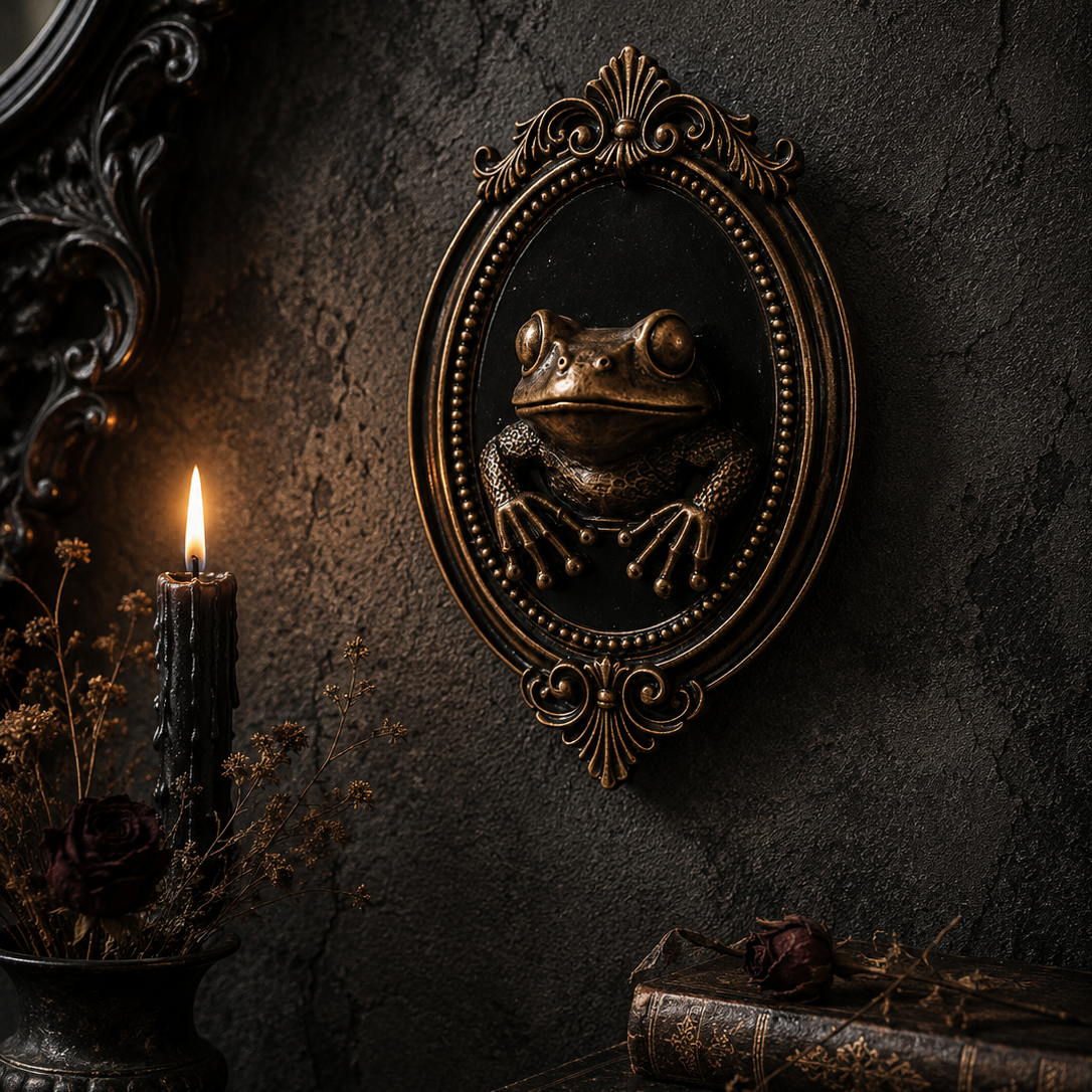 Bronze gothic frog baroque frame featuring an ornate decorative border and detailed frog design, perfect for alternative home decor and curiosity collections.