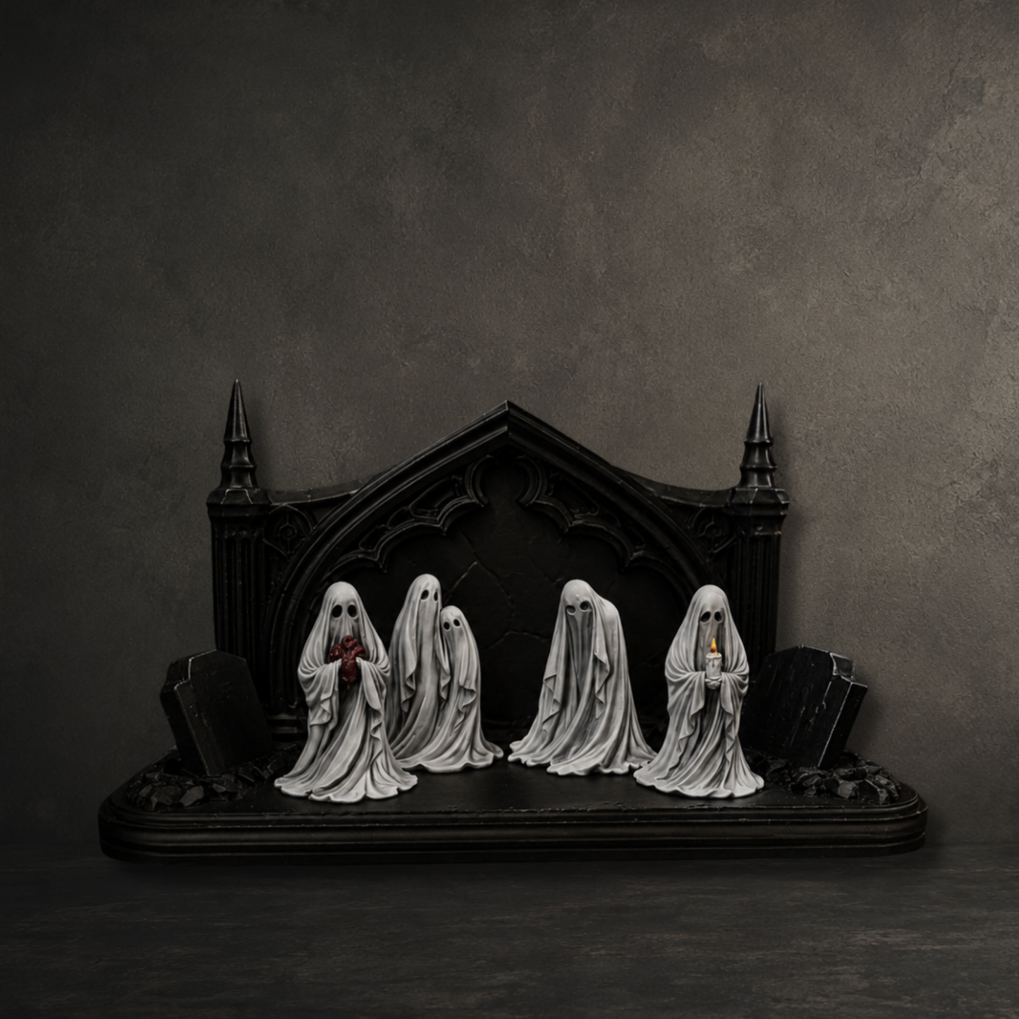 Matte black Gothic ghost display shelf with cathedral arch, gravestones and spires, freestanding or wall mounted for displaying collectible ghost figures.