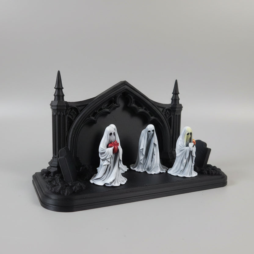 Wall mounted gothic ghost display shelf with graveyard arch design