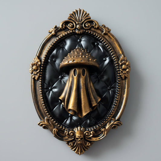 Gothic mushroom ghost wall plaque in ornate baroque frame with antique gold finish
