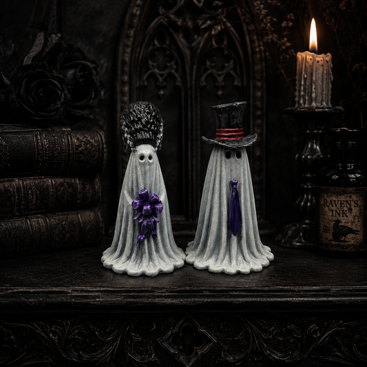Hand-painted gothic ghost bride and groom resin figurines with purple wedding accessories displayed in a gothic Victorian setting.