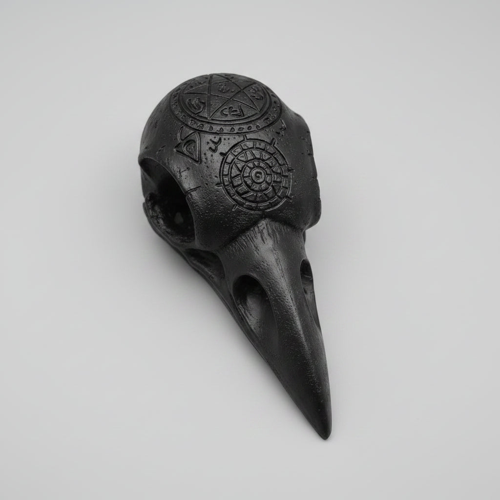 Side view of gothic raven skull faux taxidermy with aged bronze detailing