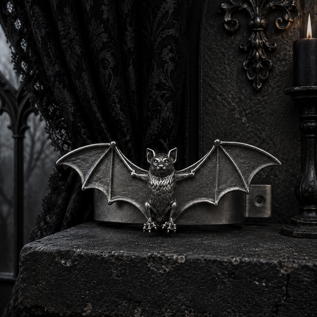 Pair of gothic resin bat curtain holdbacks for wall-mounted curtain tie backs, available in black, bronze and silver finishes.