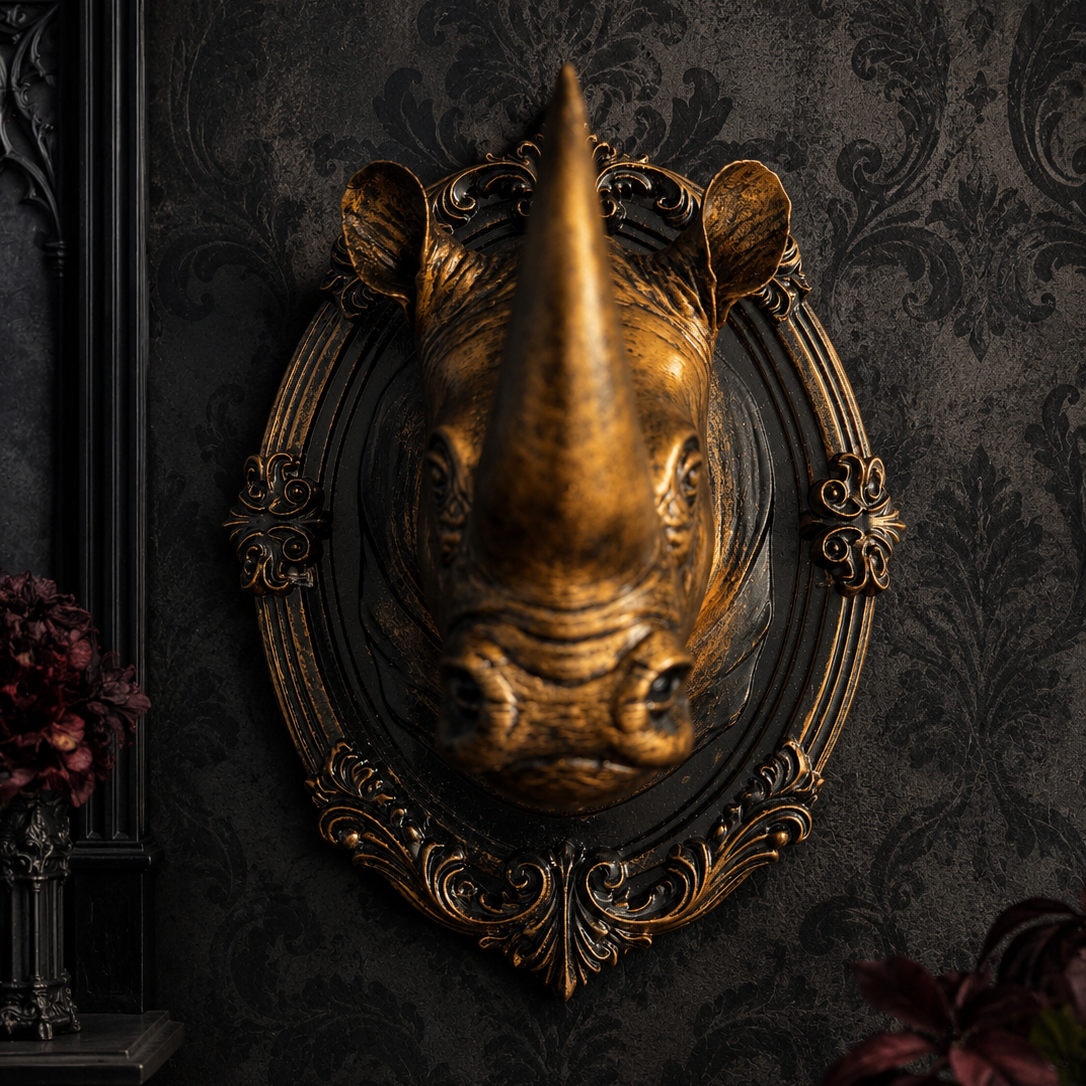 Six-inch resin cast rhino head wall décor finished in an antique bronze effect gothic frame