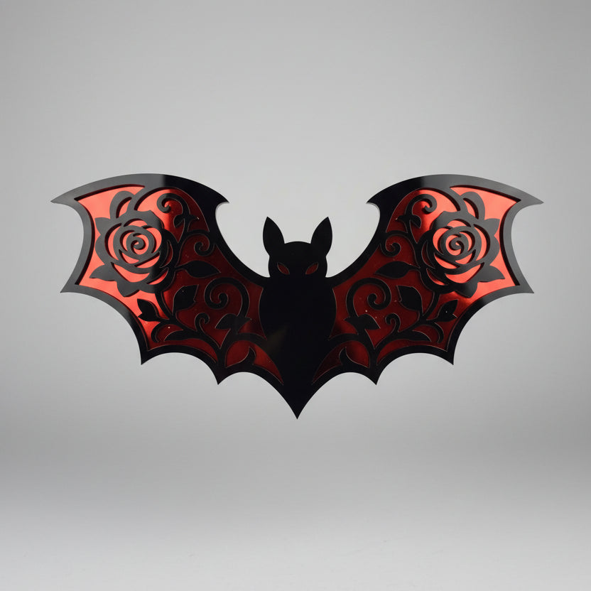 Alternative wall art bat mirror with gothic rose and scrollwork design