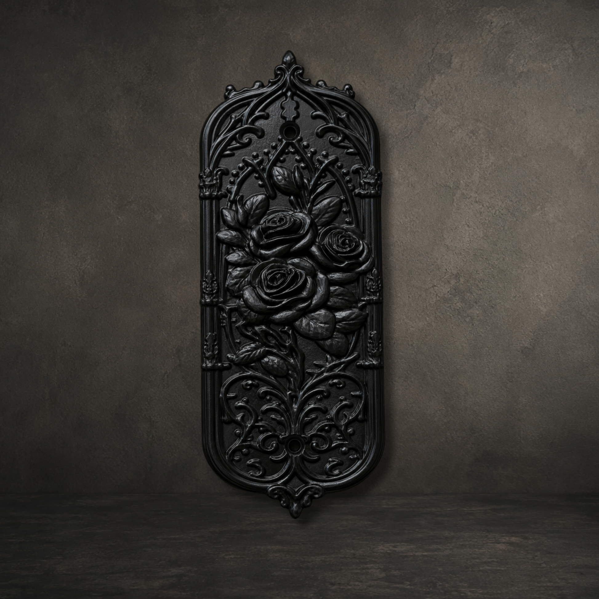 Gothic Rose door push plate with ornate cathedral detailing in black resin.