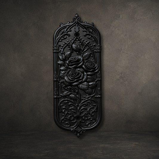 Gothic Rose door push plate with ornate cathedral detailing in black resin.