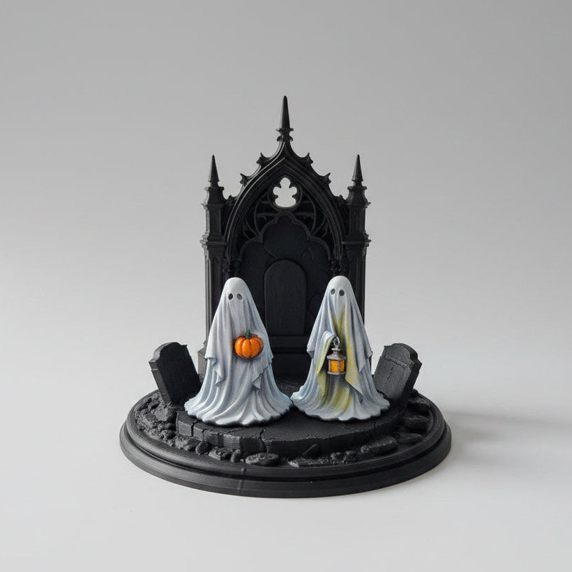 Gothic round ghost stand freestanding haunted display shelf in black with circular arch design for displaying collectible ghost figures.