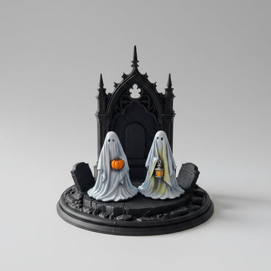 Gothic round ghost stand freestanding haunted display shelf in black with circular arch design for displaying collectible ghost figures.