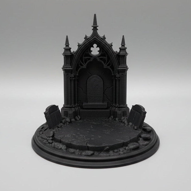 Round gothic ghost display stand with spooky arched frame and sturdy freestanding base for shelf decor and small figurines.